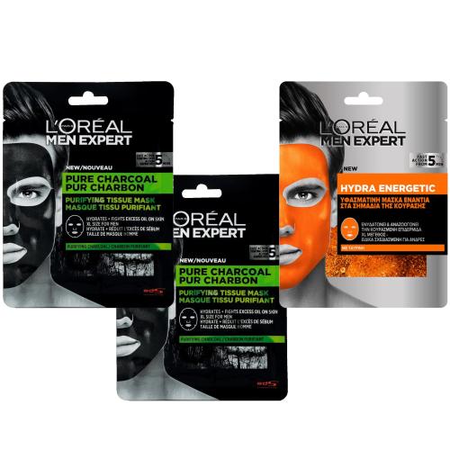 L'oreal Paris Πακέτο Προσφοράς Men Expert Pure Carbon Purifying Tissue Mask 2x30g & Hydra Energetic Tissue Mask 1x30g